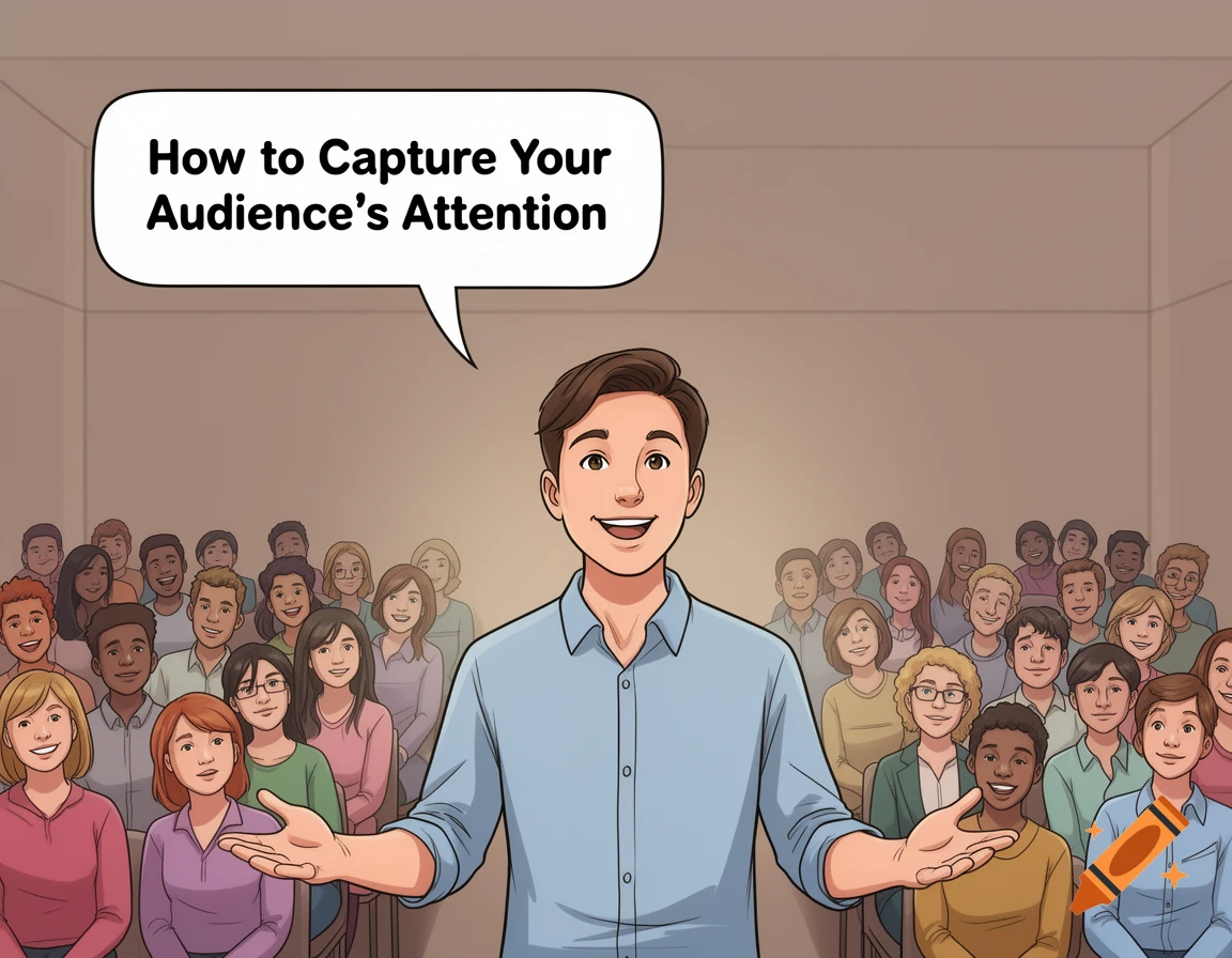A man in a blue shirt giving a presentation to an audience, with a speech bubble reading "How to Capture Your Audience's Attention" in a WikiHow illustration style.