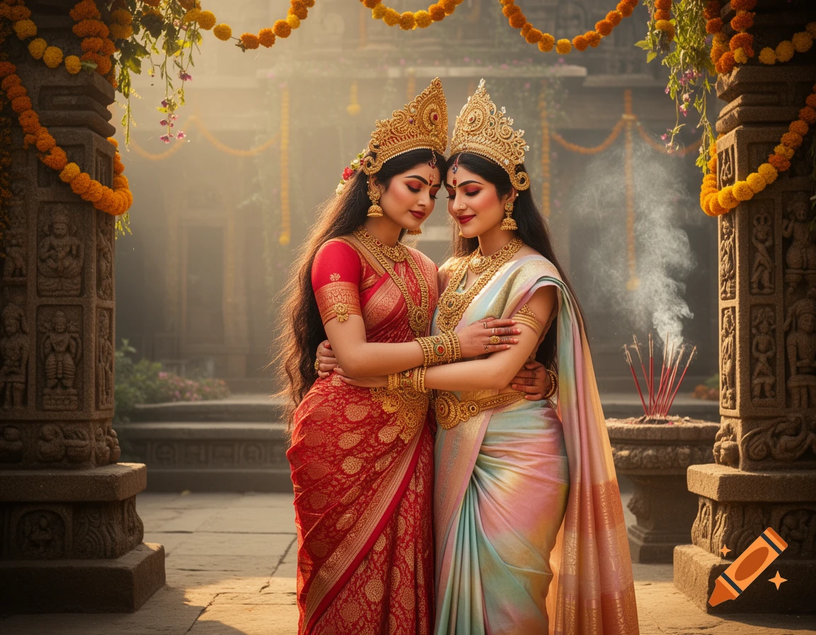 Two women in elaborate traditional Indian attire and crowns embrace in a temple adorned with flowers and incense.