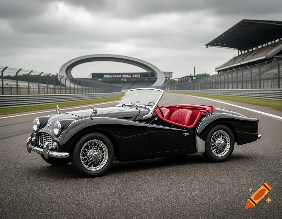 A black Triumph TR3 A classic convertible with red interior on a race track under a cloudy sky.