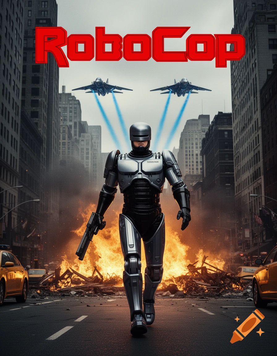 RoboCop stands with a gun on a burning city street as two jets fly overhead, styled as a movie poster with "RoboCop" text.