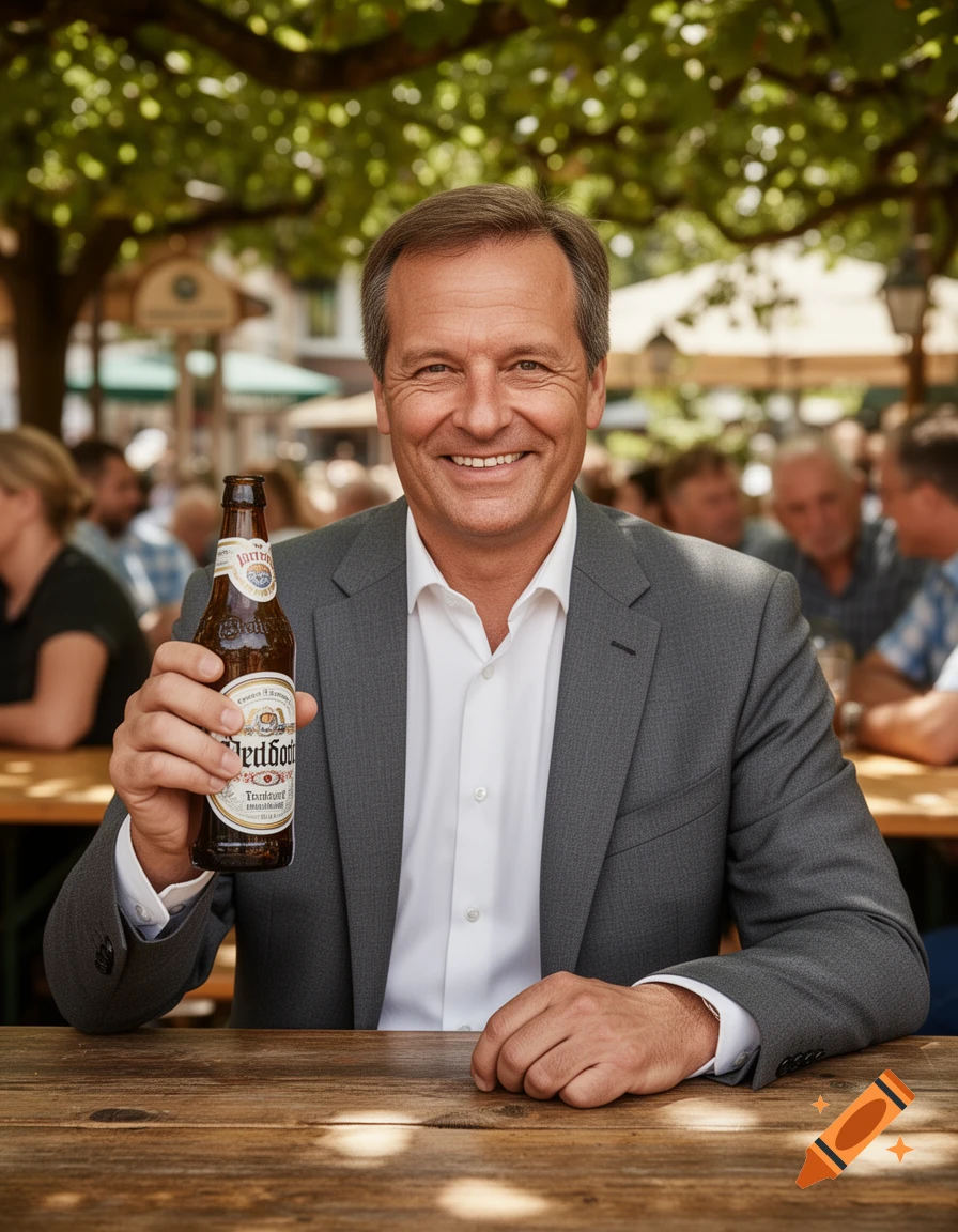 A smiling man in a suit sits at an outdoor wooden table, holding a beer bottle, with blurred people and trees in the background.