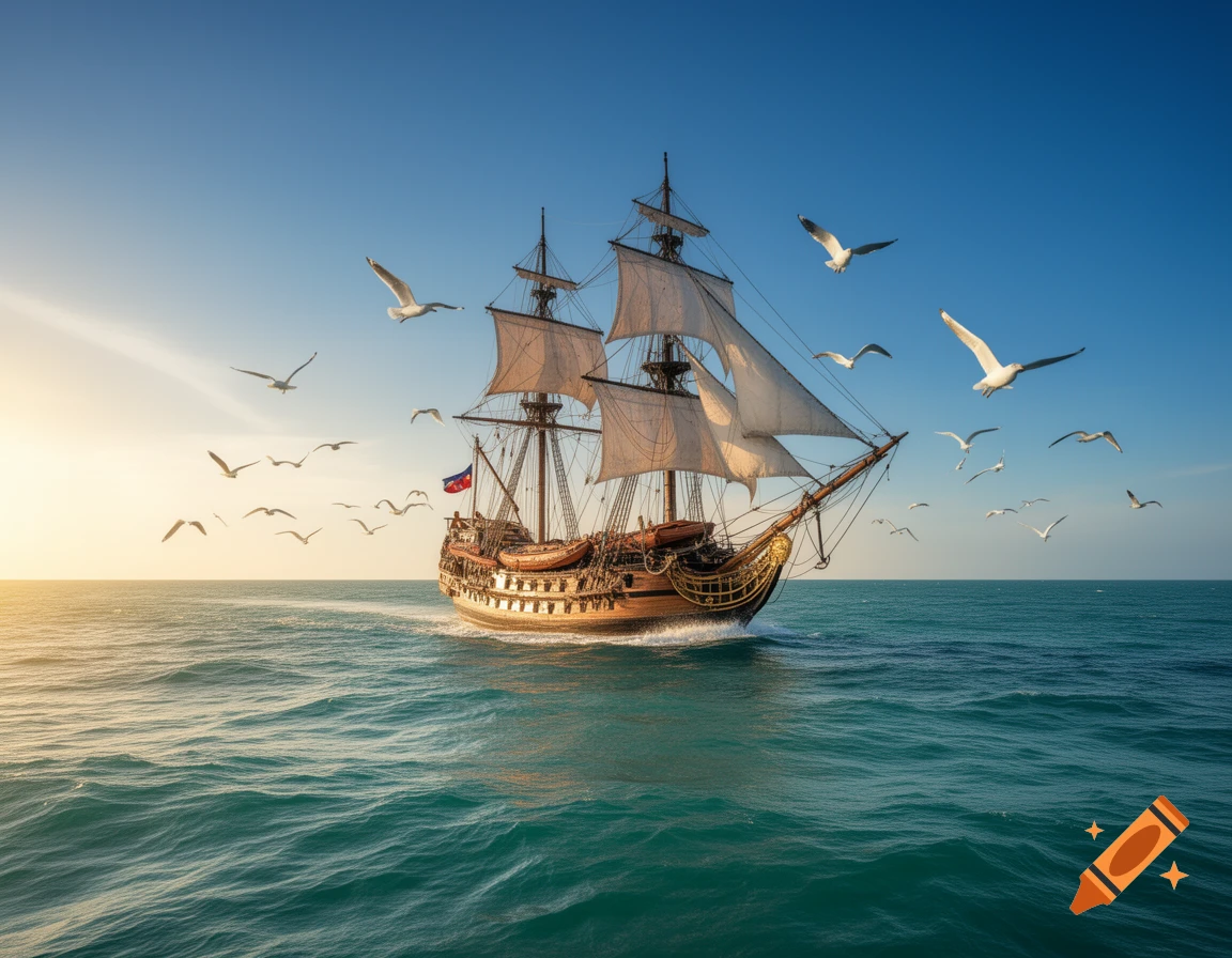 A photorealistic sailing ship with full sails on a blue-green ocean under a bright sky, with seagulls flying around during sunrise or sunset.