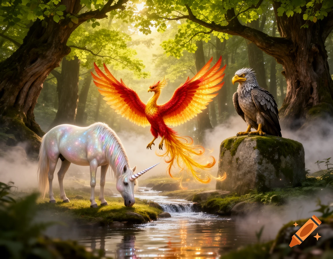 A white unicorn grazes by a stream as a fiery phoenix flies and an eagle perches on a rock in a mystical, sunlit forest.