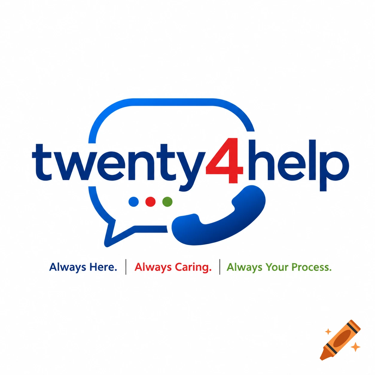 Logo for twenty4help, featuring blue text inside a chat bubble with a phone icon, and the tagline 'Always Here. Always Caring. Always Your Process.'