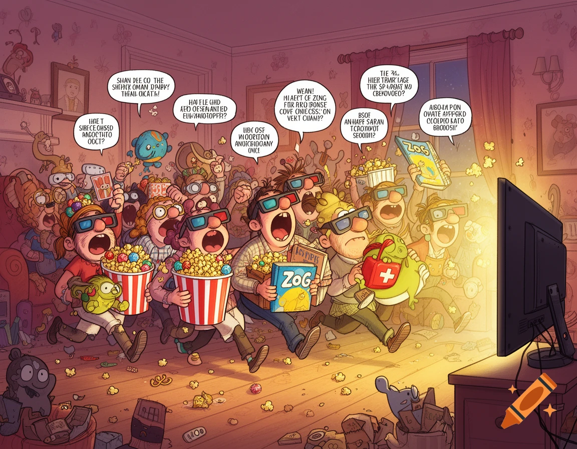 A large group of excited cartoon characters with 3D glasses, popcorn, and a first aid kit, rush towards a glowing TV screen in a cluttered room, with speech bubbles containing gibberish text.