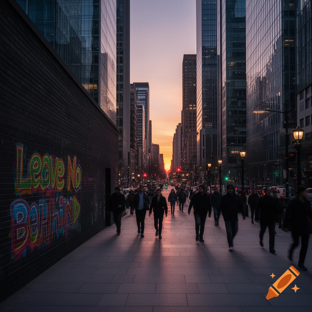 A busy city street at sunset, with tall buildings, pedestrians, and graffiti on a brick wall.