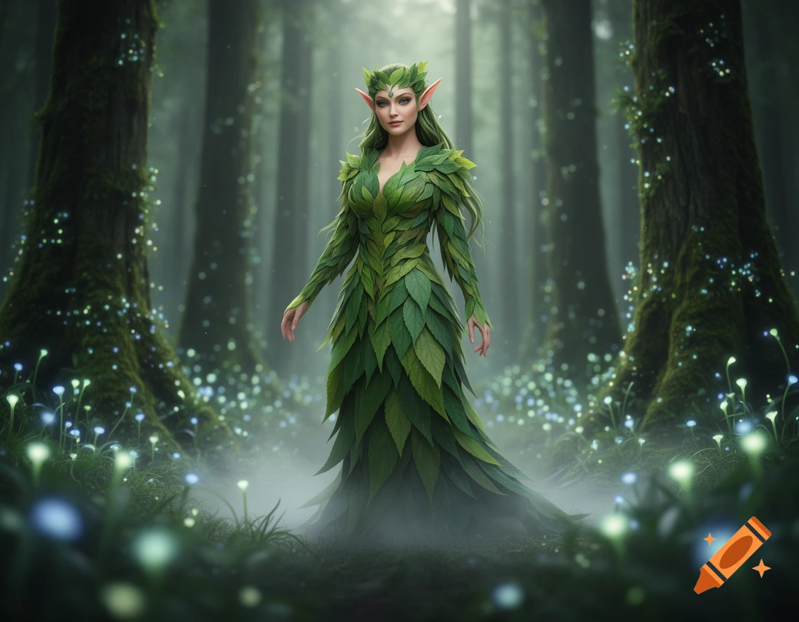 A mystical female elf with green hair and pointy ears, wearing a dress made of leaves, stands in a misty, glowing forest.
