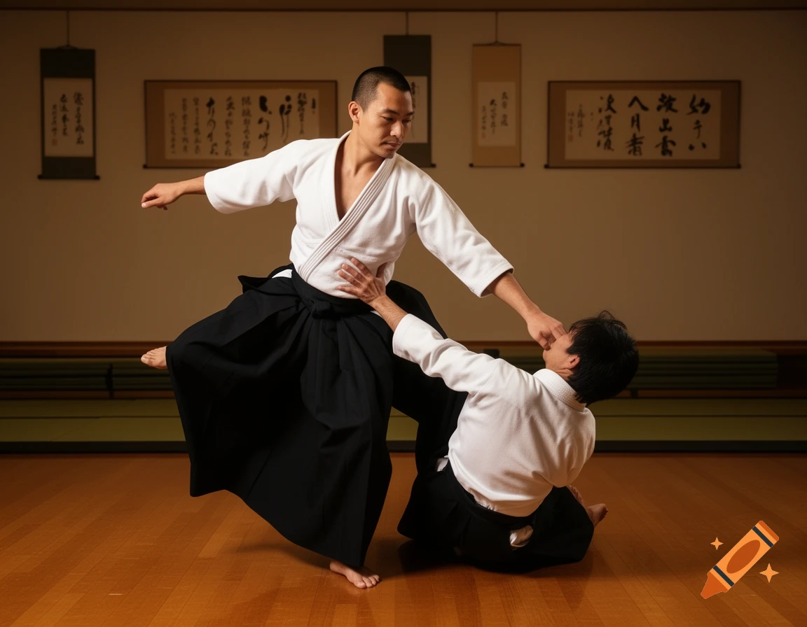 Two men in white keikogi and black hakama practicing Aikido in a dojo, one falling as the other maintains balance. Photorealistic style.