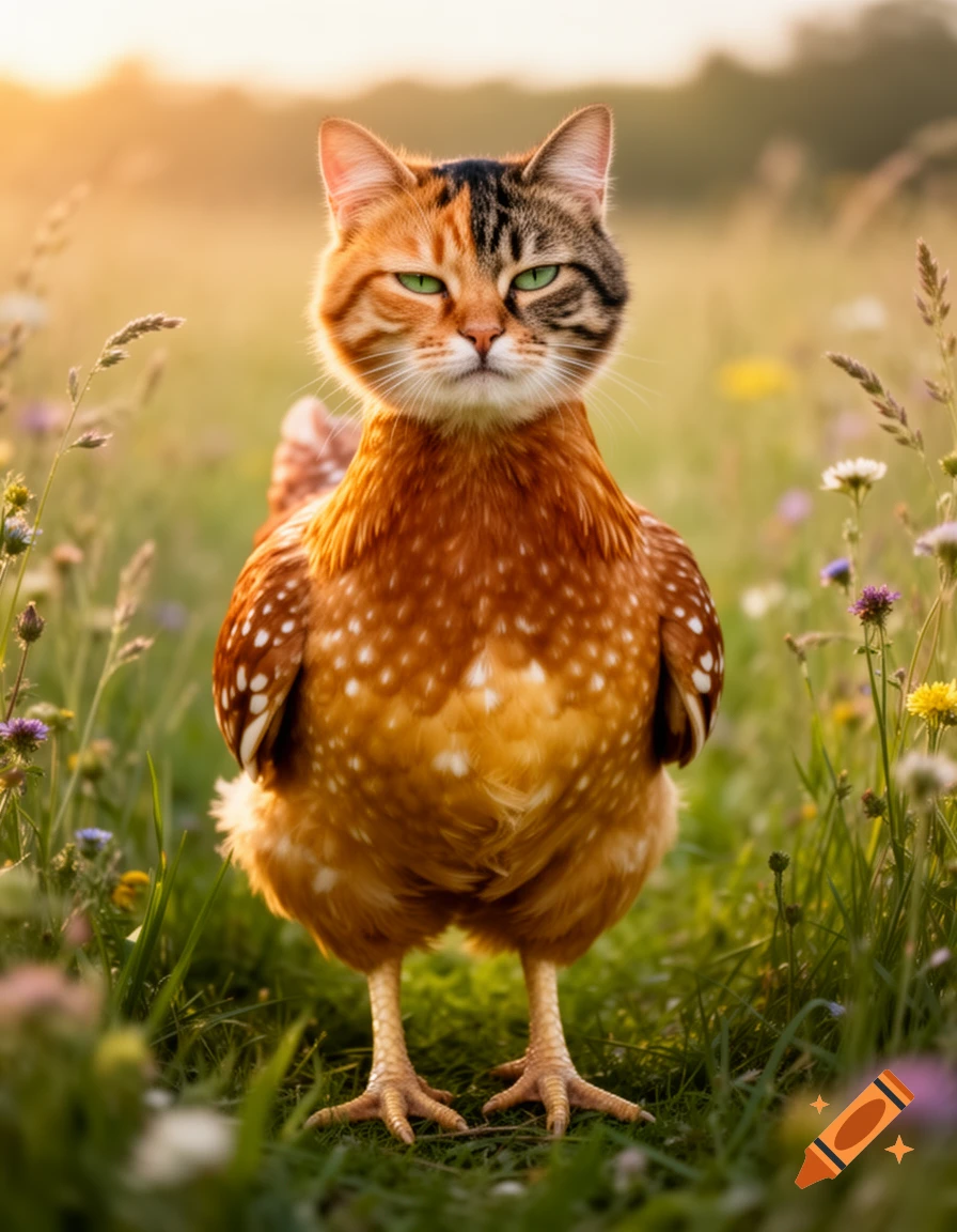 A cat's head on a chicken's body stands in a grassy field with wildflowers at sunset, looking directly forward.
