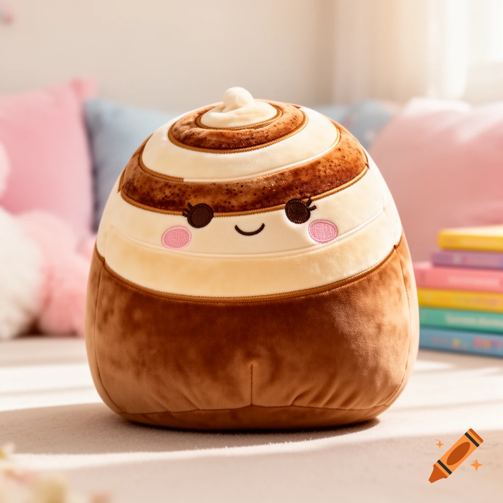 A cute honeybun-shaped plush toy with a smiling face and rosy cheeks, sitting on a light-colored rug.