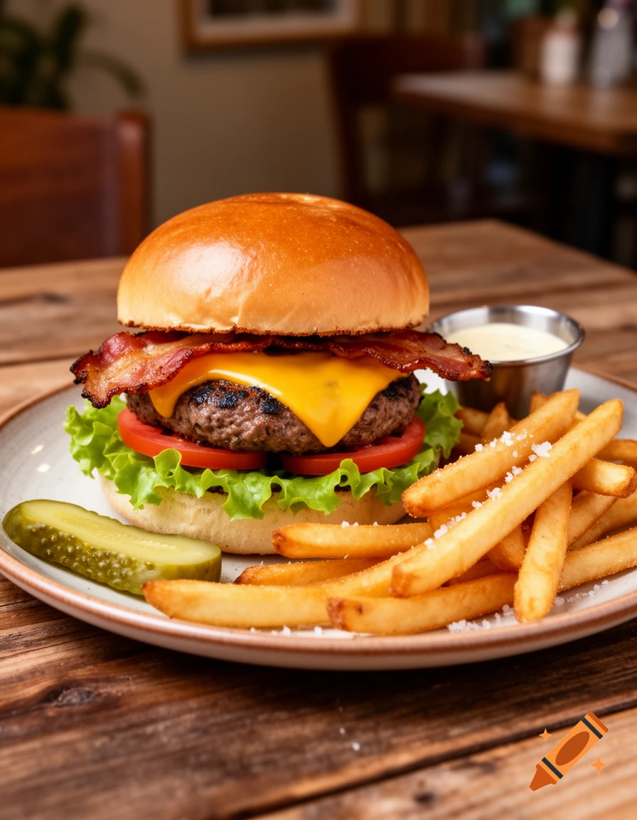 A photorealistic close-up of a bacon cheeseburger with french fries and a pickle on a plate on a wooden table.