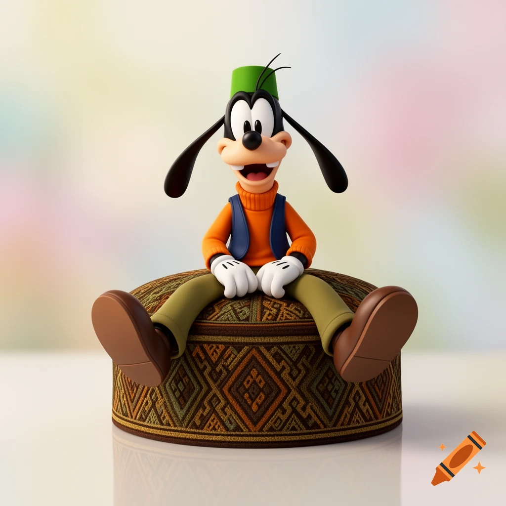 Goofy from Disney, wearing a green fez, sits on a brown patterned kufi hat with a wide smile.