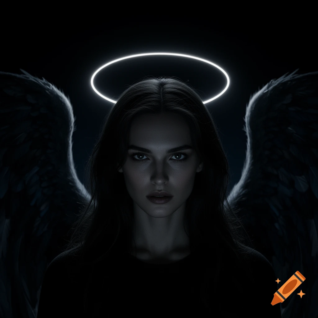 Close-up portrait of a woman with dark wings and a glowing halo, against a black background.
