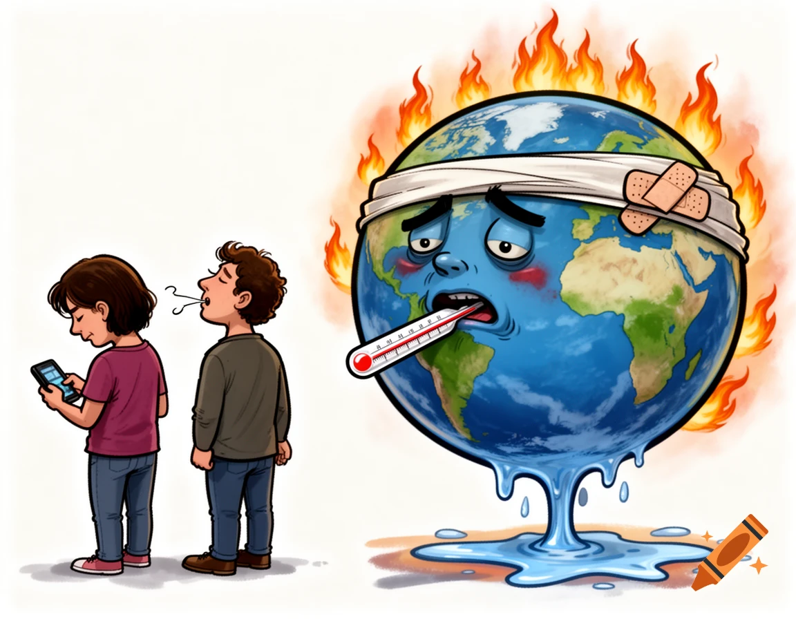 Cartoon of a suffering Earth with a thermometer and bandages, surrounded by flames and melting, as two people ignore it.