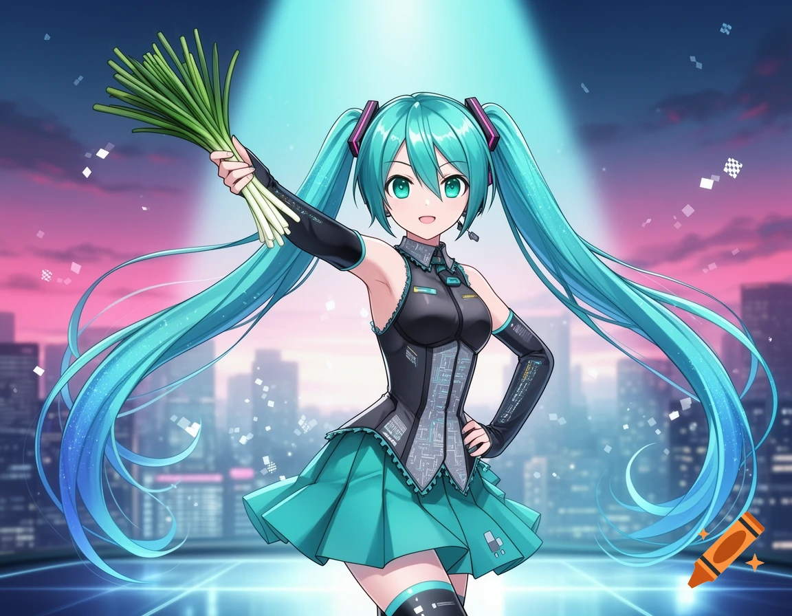 Anime character Hatsune Miku with long teal pigtails, holding a bunch of green onions, against a futuristic city background.
