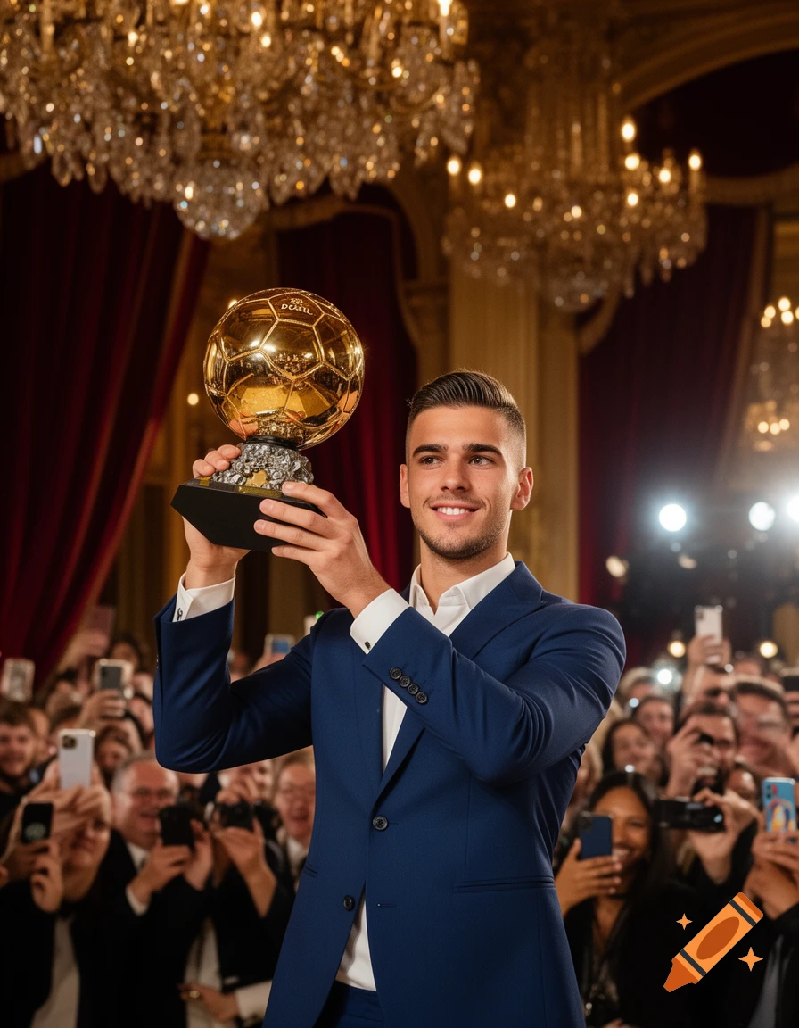 A smiling man in a blue suit holds a golden soccer ball trophy above his head, surrounded by a crowd taking photos.