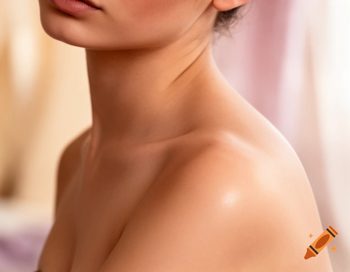 Close-up of a person's bare neck and shoulders with soft lighting and a blurred background.