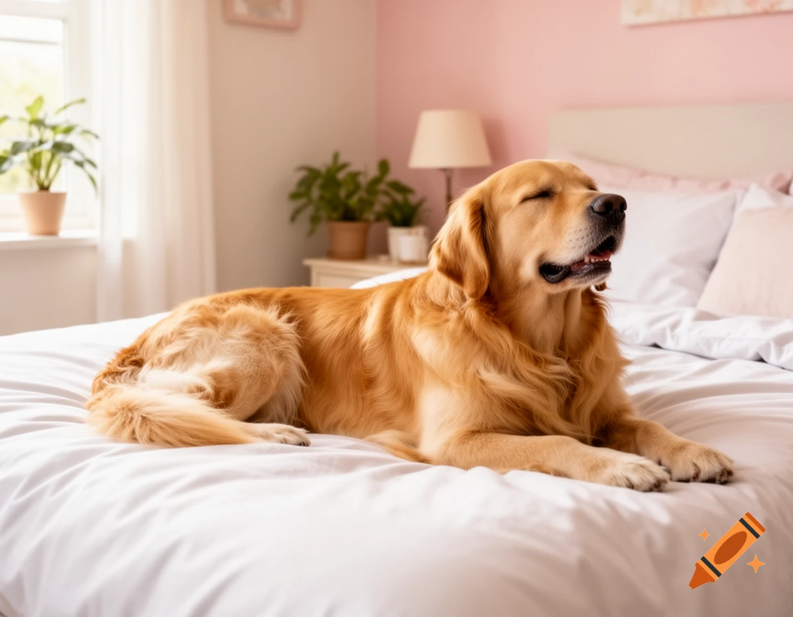 A Golden Retriever with closed eyes lies on a white bed in a bright bedroom with a pink accent wall.