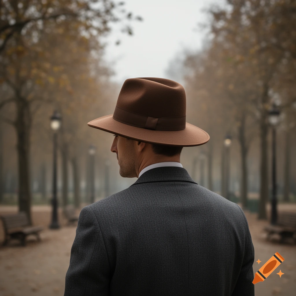 A man in a brown fedora and dark suit walks through a foggy autumn park, seen from behind.