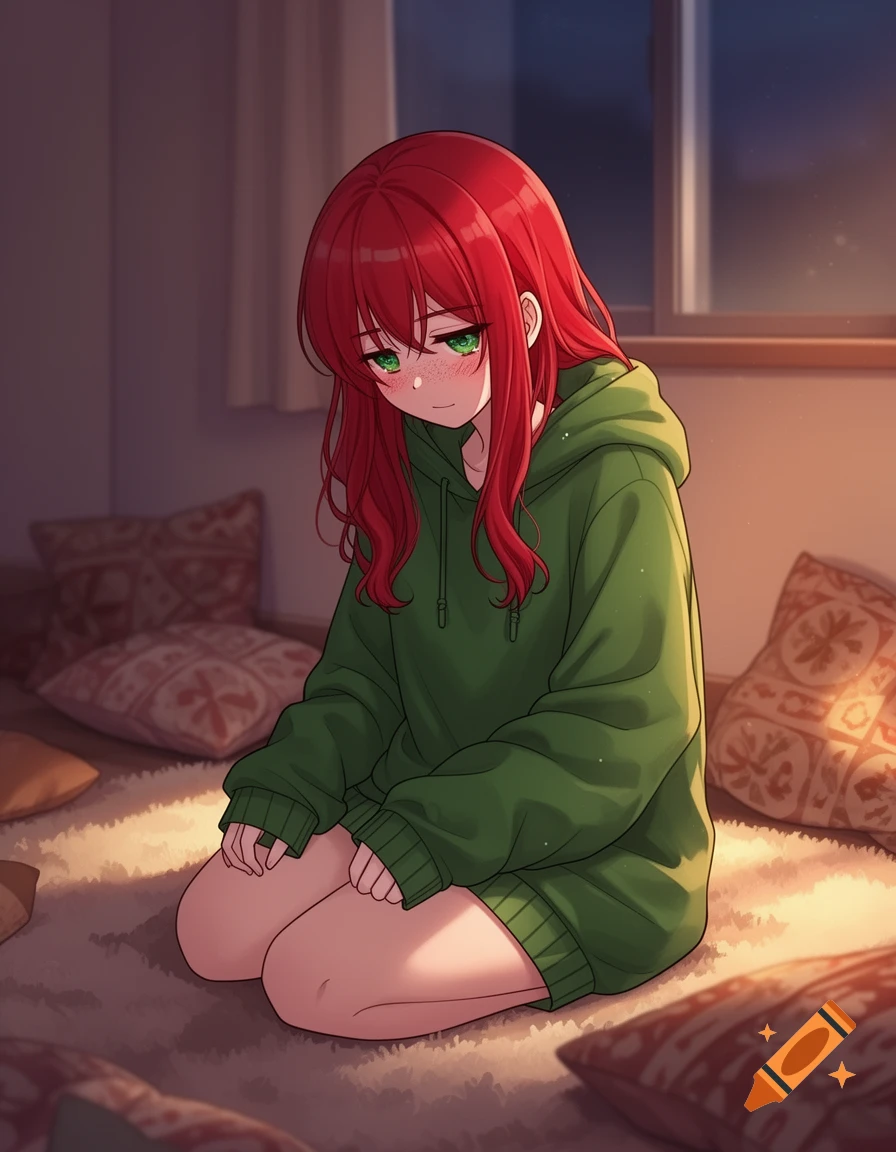 Shy anime girl with long red hair and freckles, wearing a green hoodie, kneeling on a rug surrounded by pillows in a warmly lit room.
