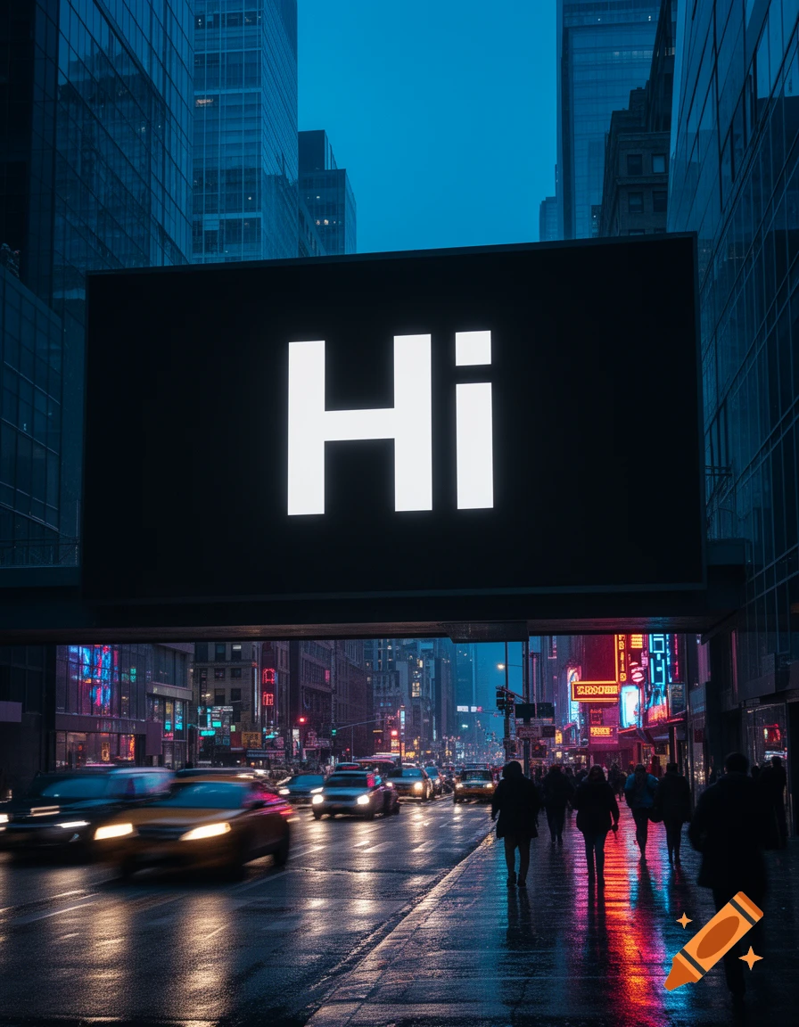 A large billboard displaying 'Hi' illuminates a wet, neon-lit city street with cars and pedestrians at night, photorealistic.