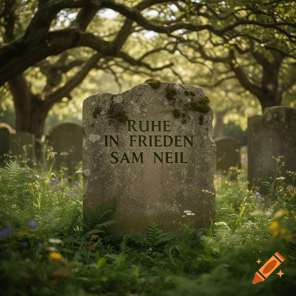 Photorealistic image of a mossy gravestone with 'RUHE IN FRIEDEN SAM NEIL' engraved, surrounded by grass and wildflowers in a sunny cemetery.