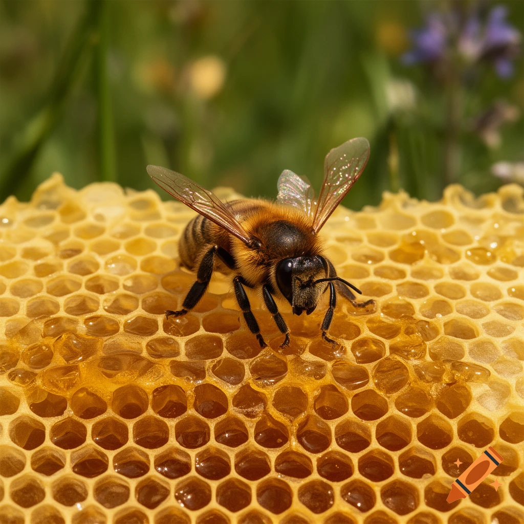 A close-up, photorealistic shot of a bee on a golden honeycomb filled with glistening honey.