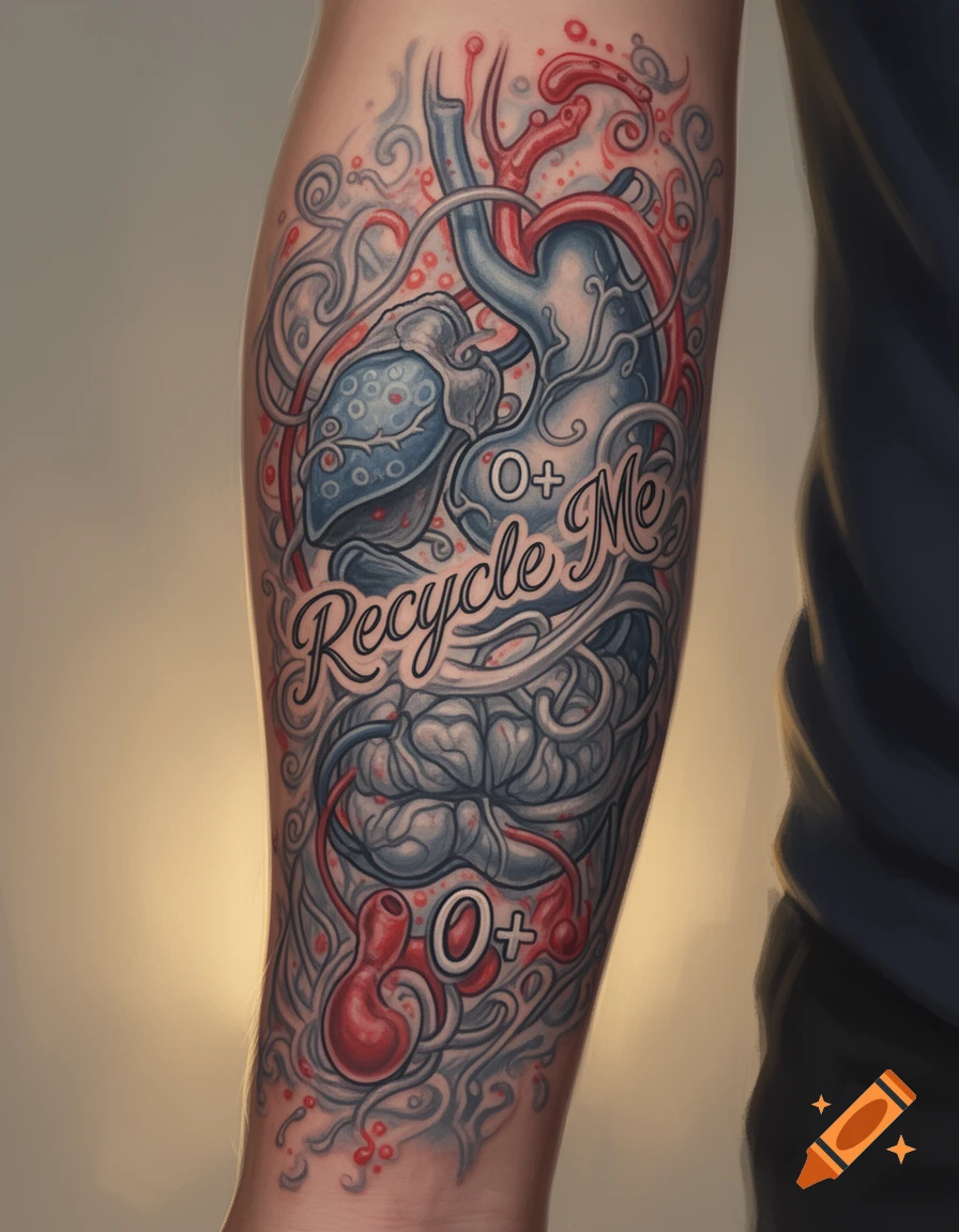 Stylized tattoo on an arm showing human organs (heart, lungs, brain) with text 'Recycle Me' and 'O+' in a colorful design.