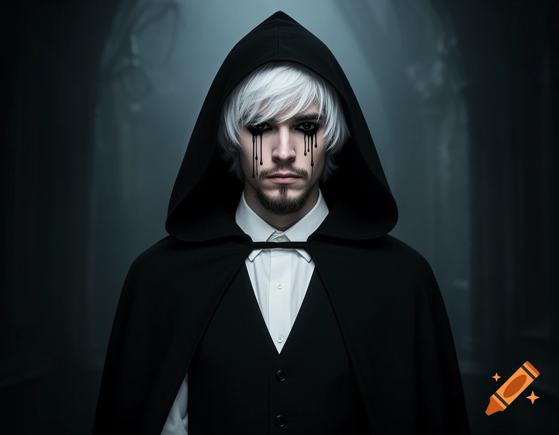 A man with white hair and a patchy beard wearing a black hooded cape and vest, with black liquid dripping from his eyes.