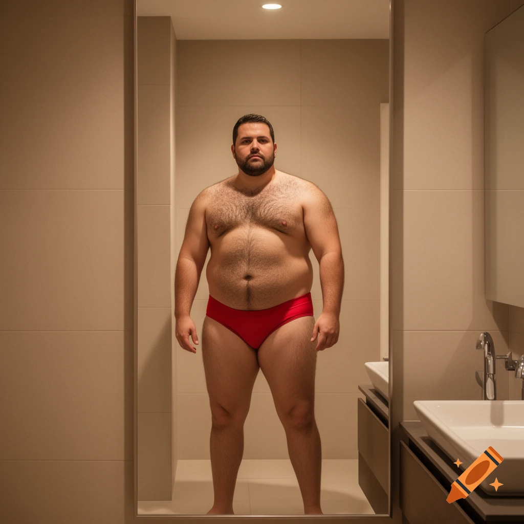 A shirtless, hairy, robust man in red briefs stands in front of a mirror in a modern bathroom.