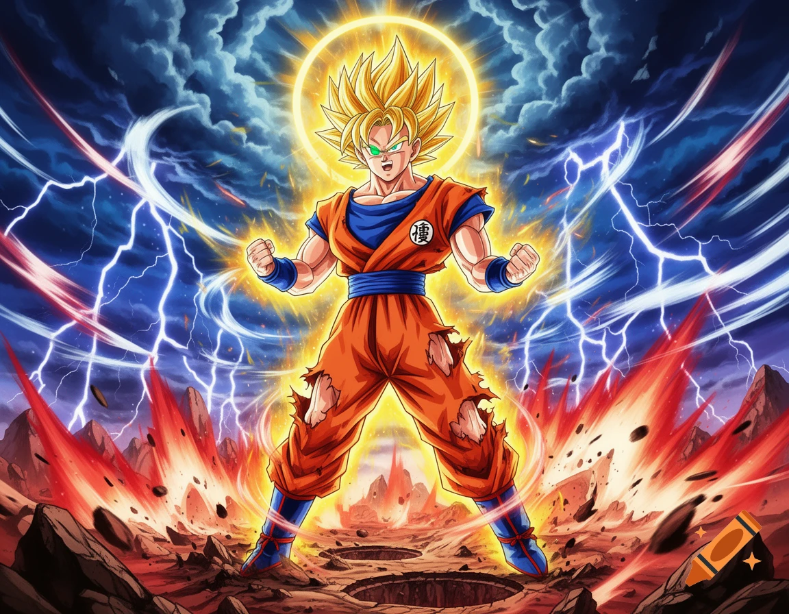 Goku from Dragon Ball Z in Super Saiyan form, surrounded by lightning and explosions on a destroyed landscape, in an anime style.
