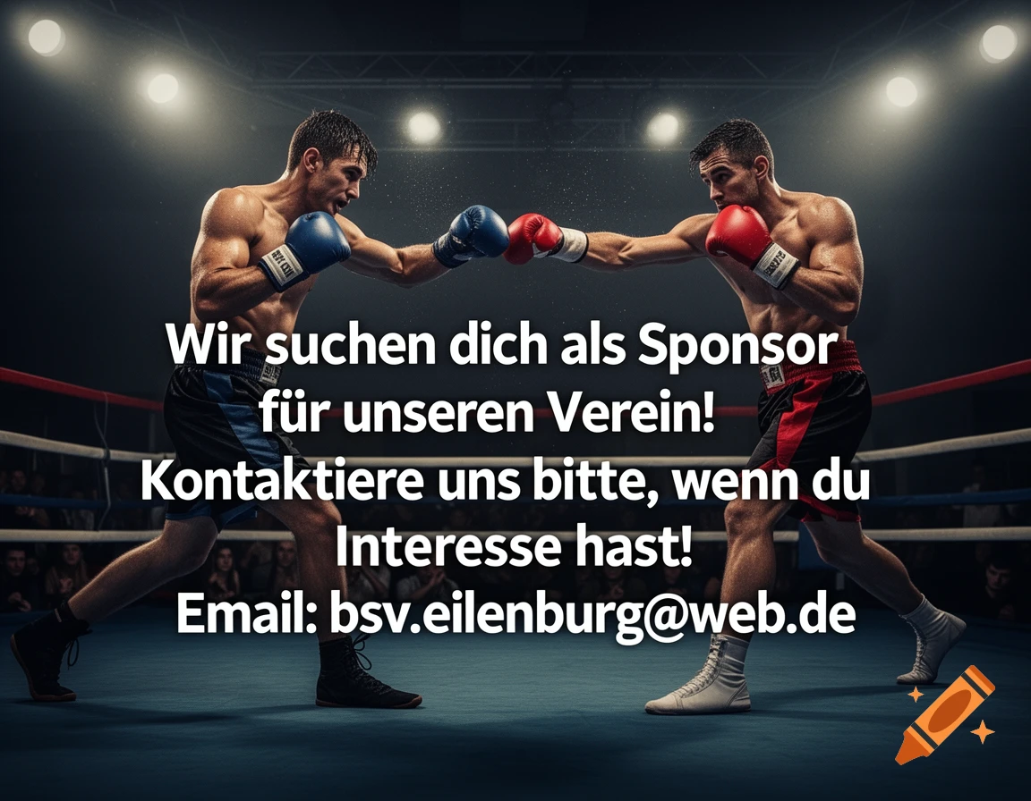 Two muscular boxers in a ring, one in blue gloves, one in red, mid-fight with bright overhead lights. Overlayed text advertises for a sponsor with contact info.