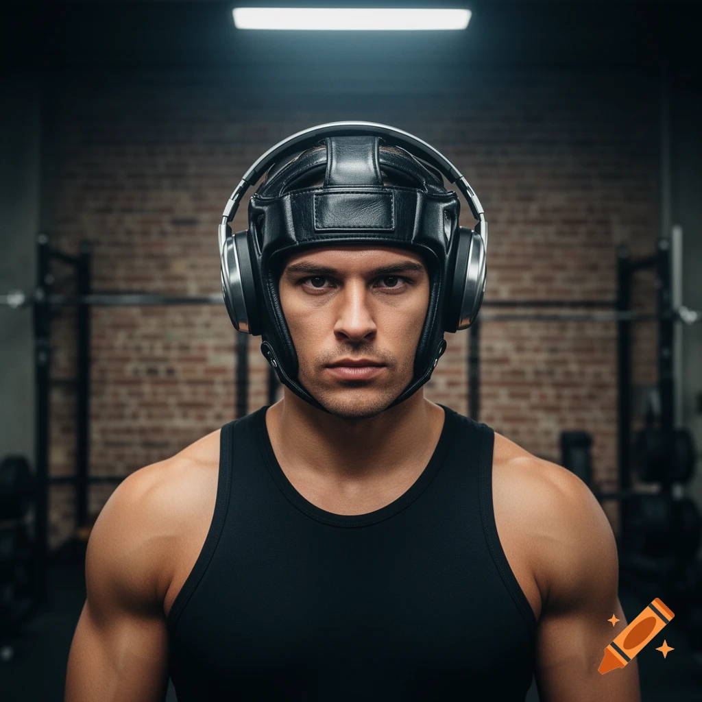 Photorealistic portrait of a serious man wearing boxing headgear and headphones in a gym.