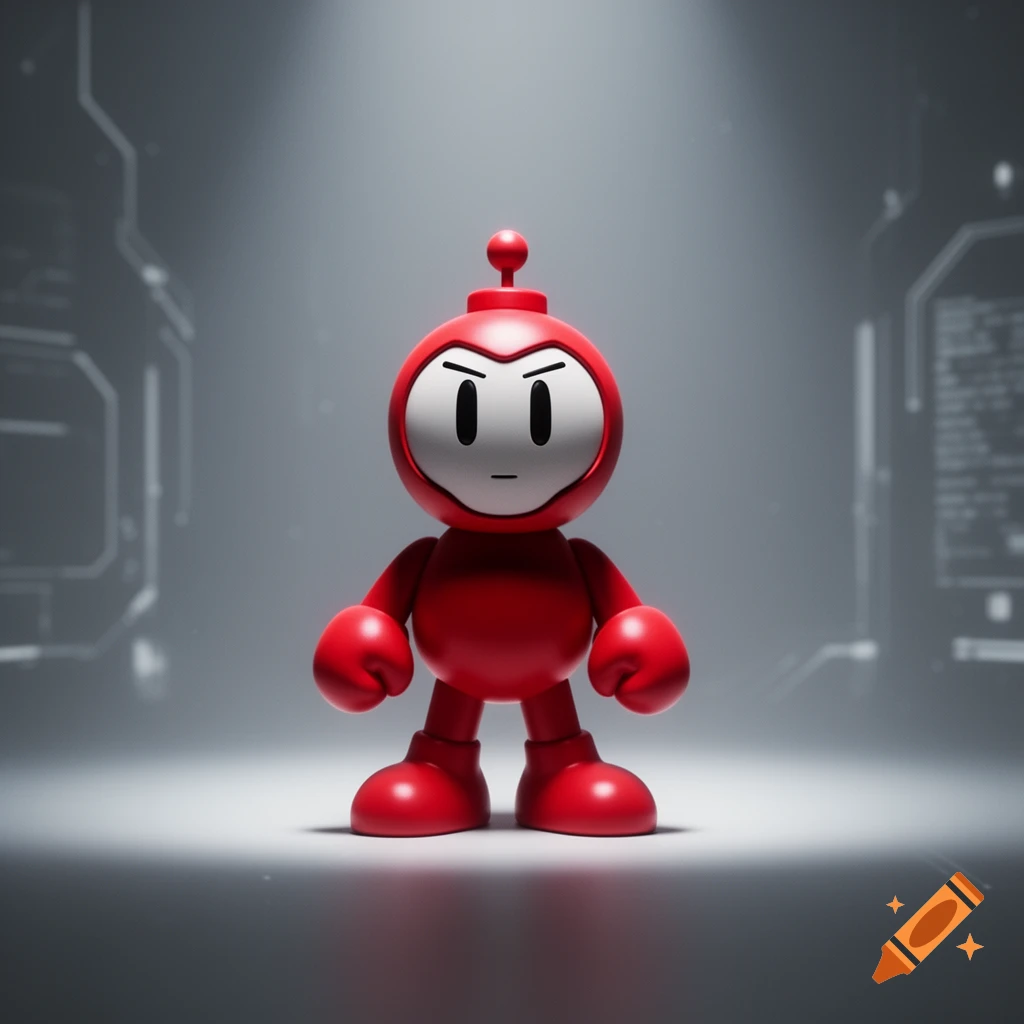 A red, round Bomberman-style robot with a neutral expression stands in a dimly lit, futuristic room.