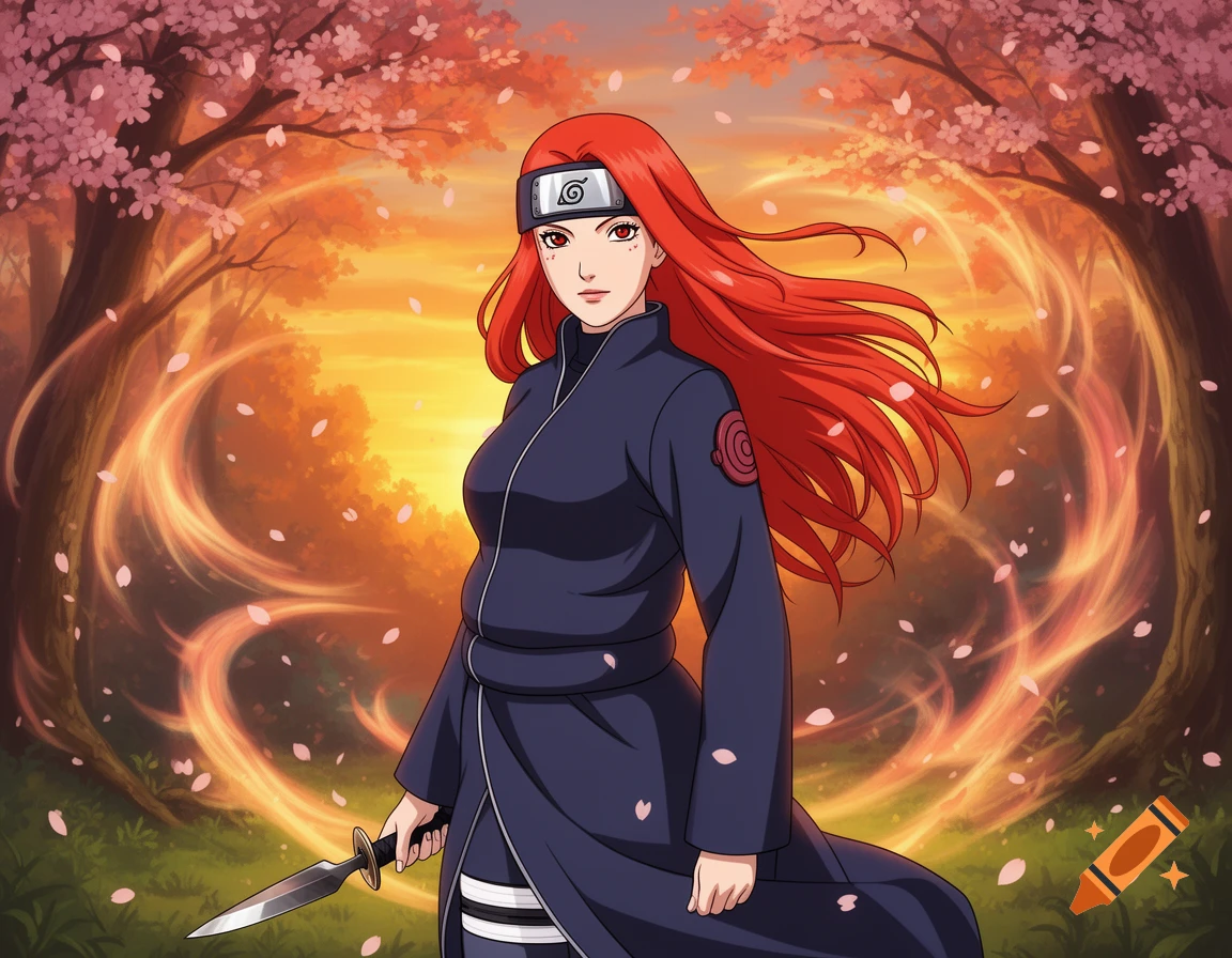 An anime woman with long red hair and a ninja headband holds a kunai, standing in a magical forest with cherry blossoms.