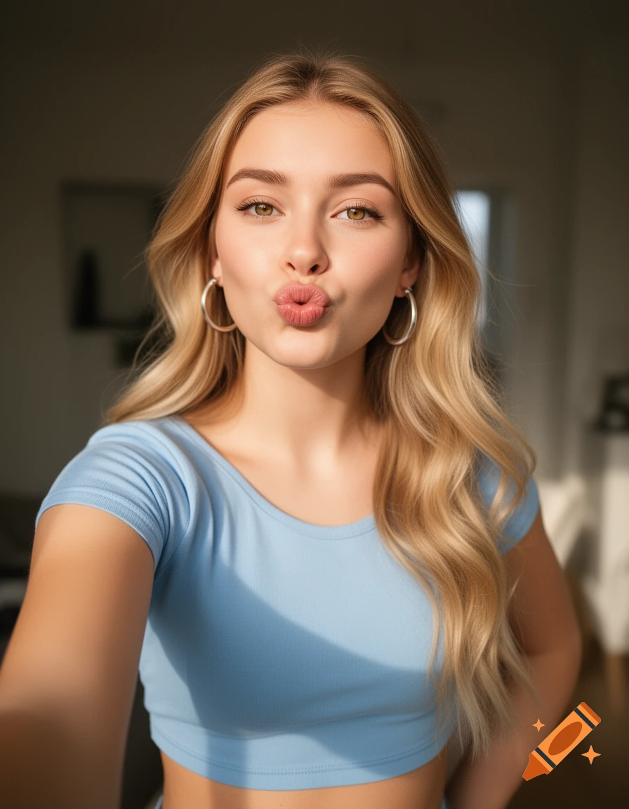 A blonde woman in a light blue crop top and hoop earrings makes a duck face in a sunlit selfie.
