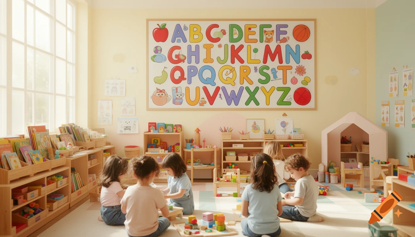 A bright, warm classroom with children playing on the floor, surrounded by educational toys and shelves of books. A large alphabet poster is on the wall. Photorealistic.