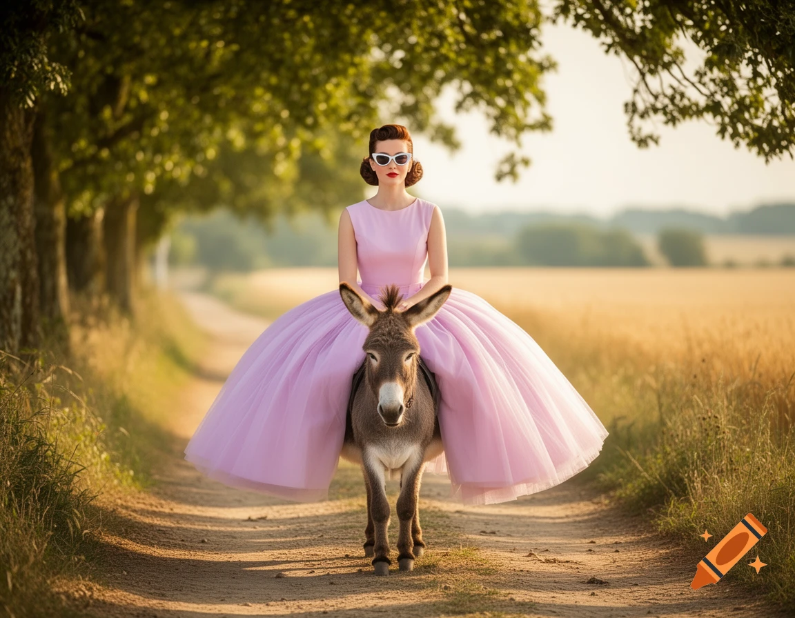 A woman in a pink 1950s-style dress and white sunglasses rides a small donkey on a dirt path through a rural lane with trees and fields.
