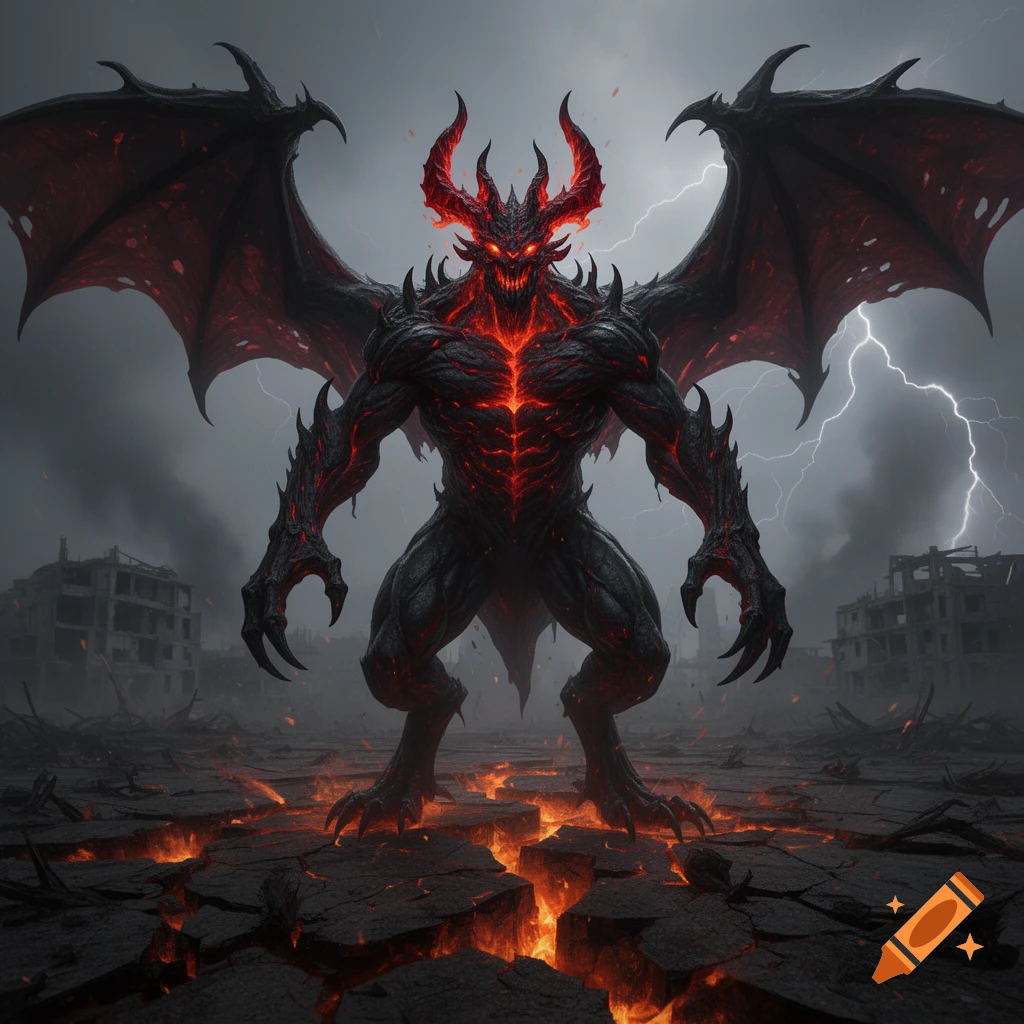 A massive, black demon with glowing red cracks, horns, and large wings stands on cracked, lava-filled ground in a desolate, lightning-struck city.