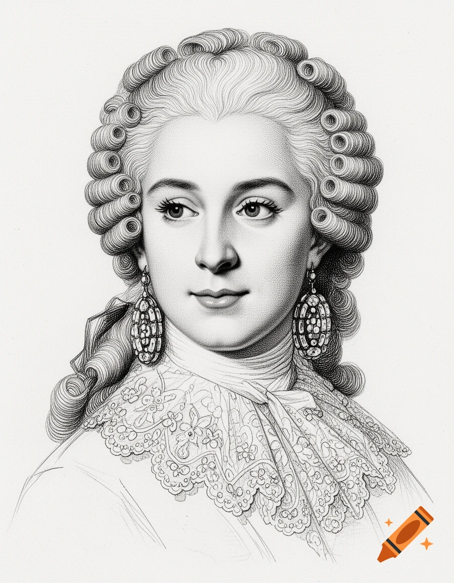 Detailed fine-line drawing of an 18th-century woman with an elaborate curled wig, ornate earrings, and a lace collar.