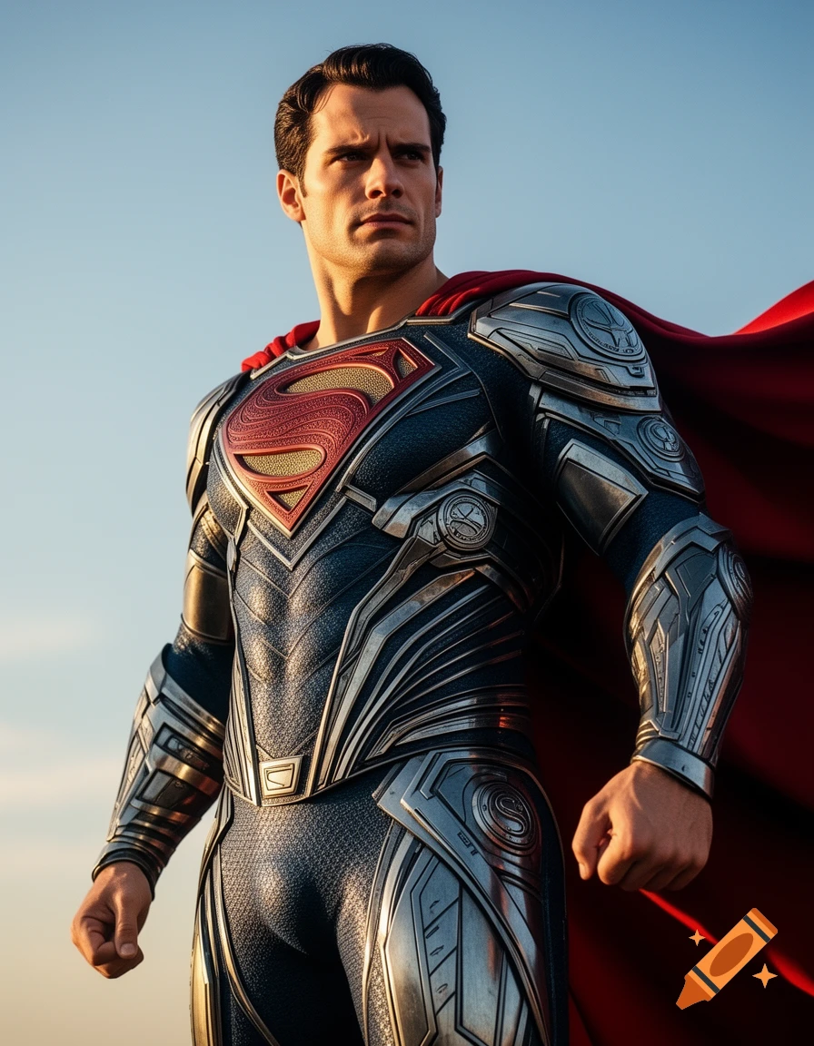 Photorealistic image of Henry Cavill as Superman in a detailed armored blue and silver suit with a red cape, against a blue sky.