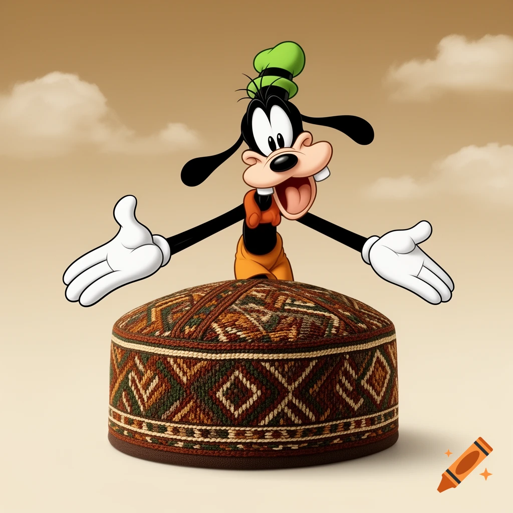 Cartoon character Goofy peeking over a brown patterned kufi cap, arms outstretched, against a cloudy brown background.
