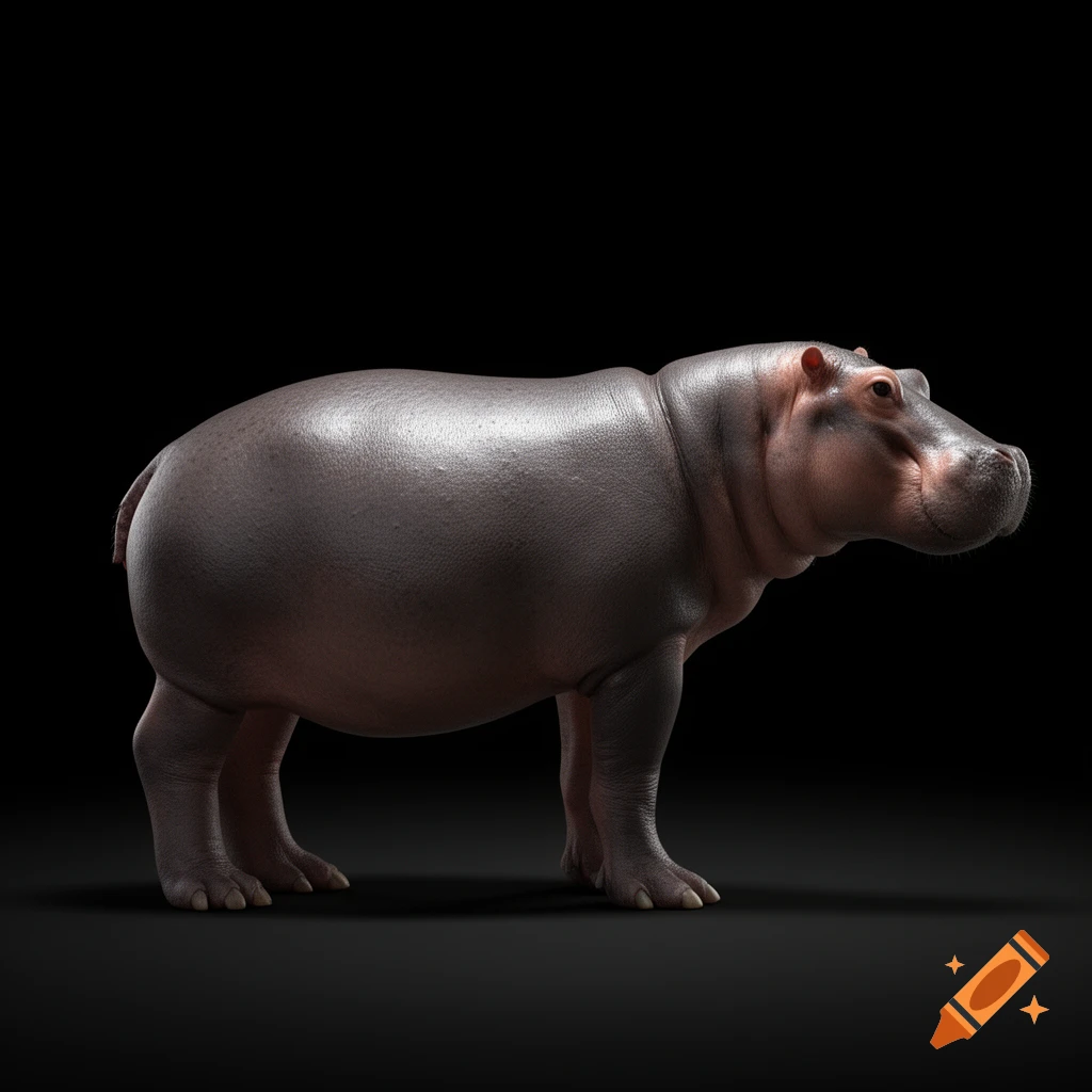 Photorealistic side profile of a hippo standing against a pure black background.