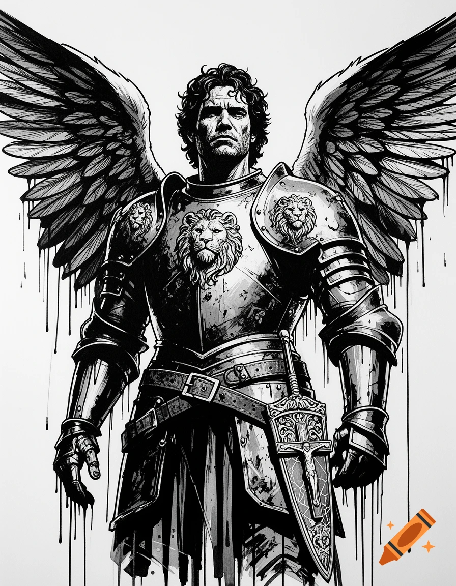 Monochrome ink illustration of a stern-faced male angel in battle-worn plate armor with lion emblems and large wings, a crucifix on his sword sheath.