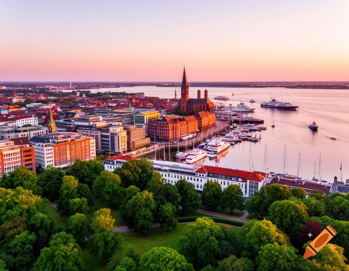 Aerial view of a vibrant city and large harbor filled with boats at sunset, with historic buildings and green parks.