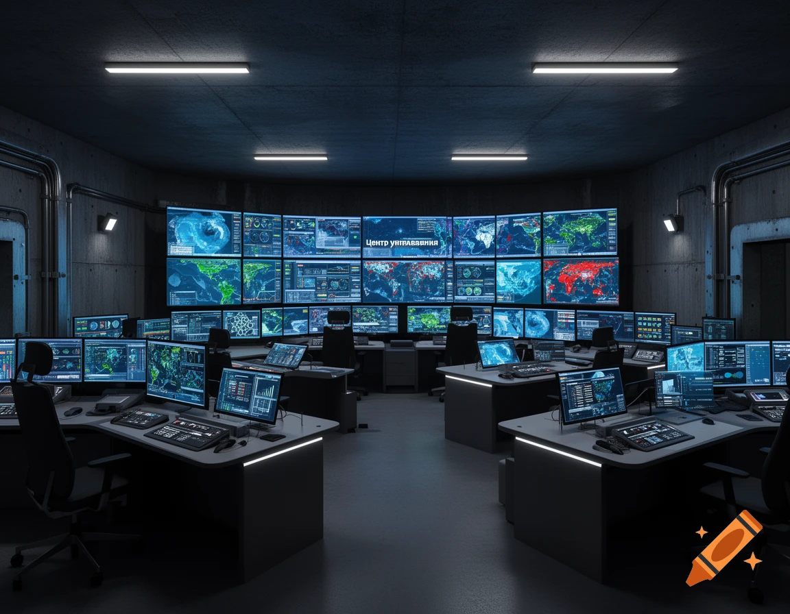 Dark underground control room with multiple glowing computer monitors displaying maps and data, and operator desks.