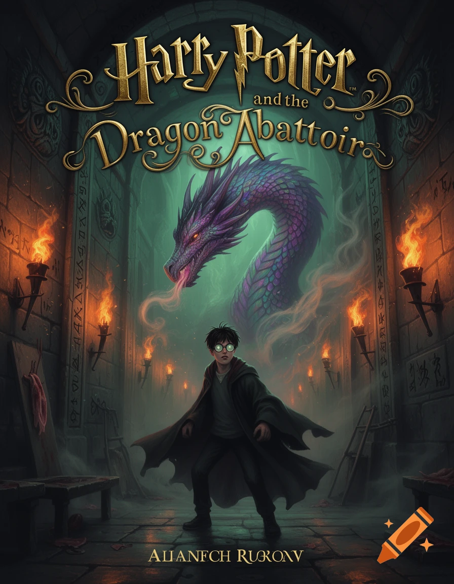 Fantasy book cover featuring Harry Potter in a dark, torchlit abattoir, facing a large purple dragon. The title "Harry Potter and the Dragon Abattoir" is at the top, with garbled text at the bottom.