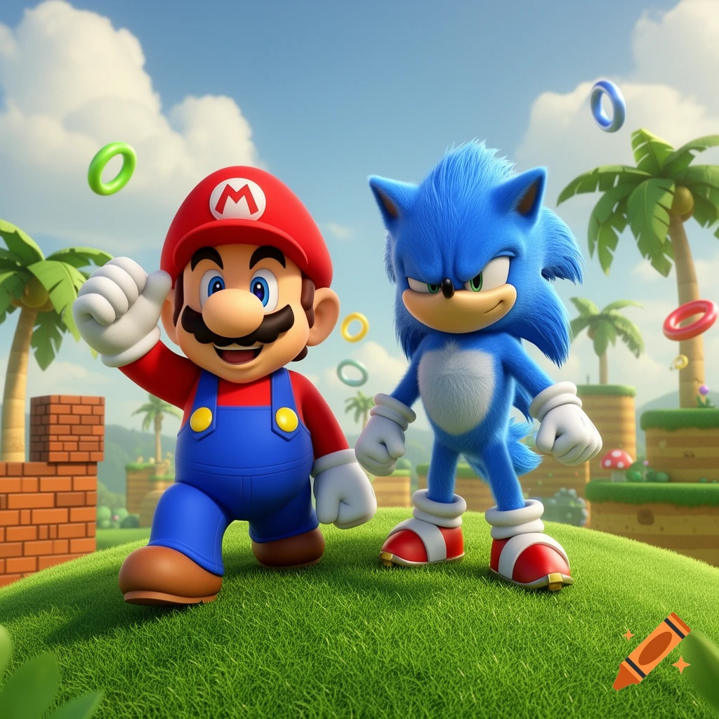 Mario and Sonic stand together on a grassy hill with palm trees and floating rings in the background.
