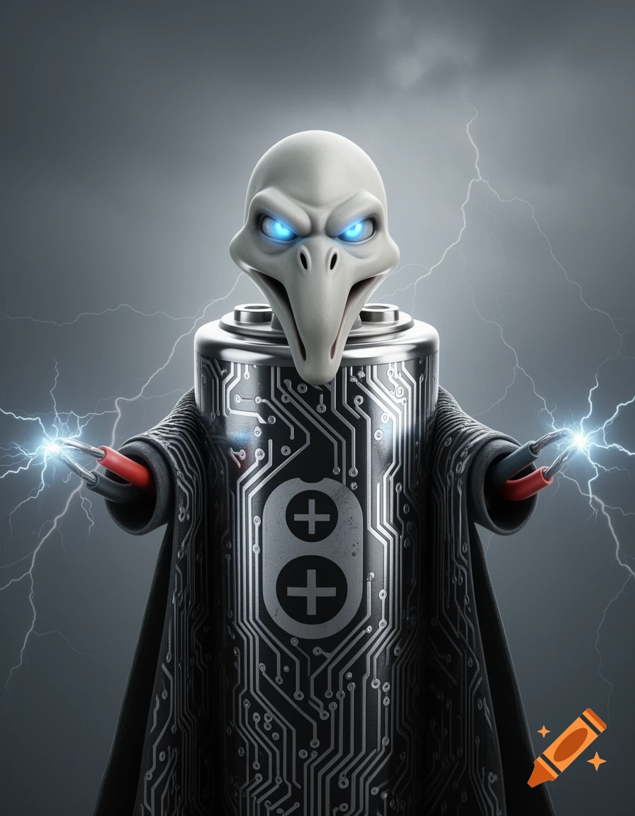 A skeletal bird-headed battery-bodied character with glowing blue eyes, cloaked in circuit board patterns, conjures electricity against a stormy sky.