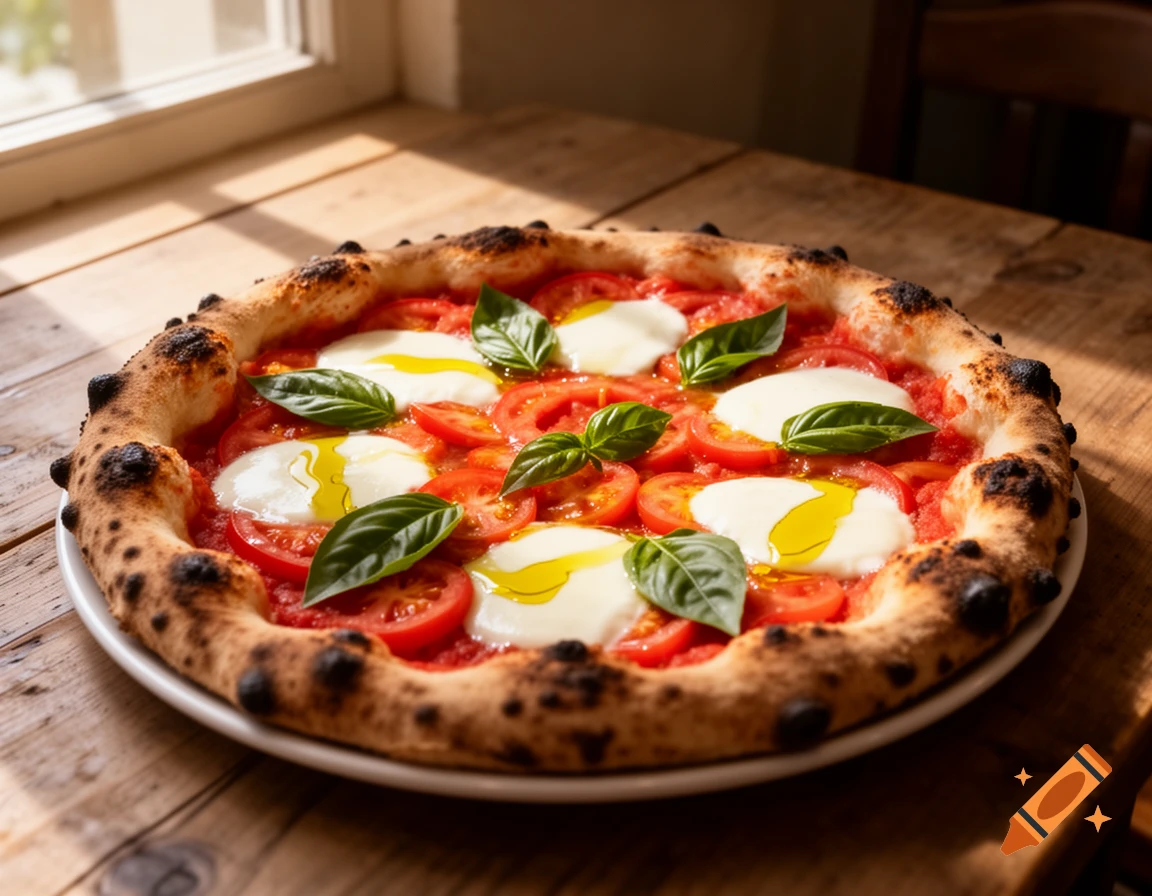A mouth-watering Neapolitan pizza with fresh tomatoes, mozzarella, basil, and olive oil on a wooden table.